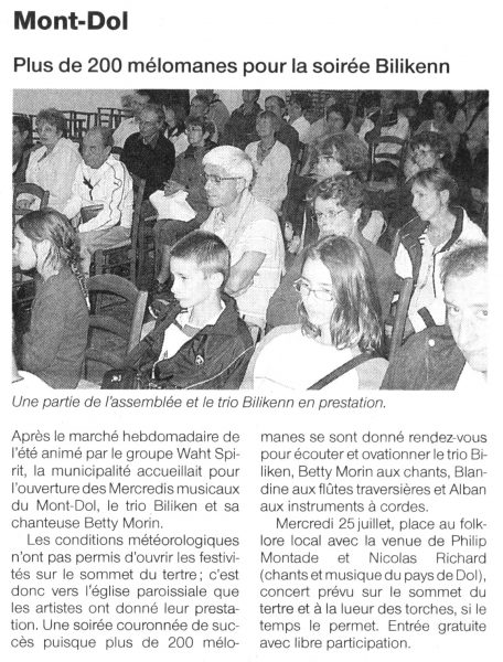 Ouest-France, concert au Mont-dol, juillet 2007